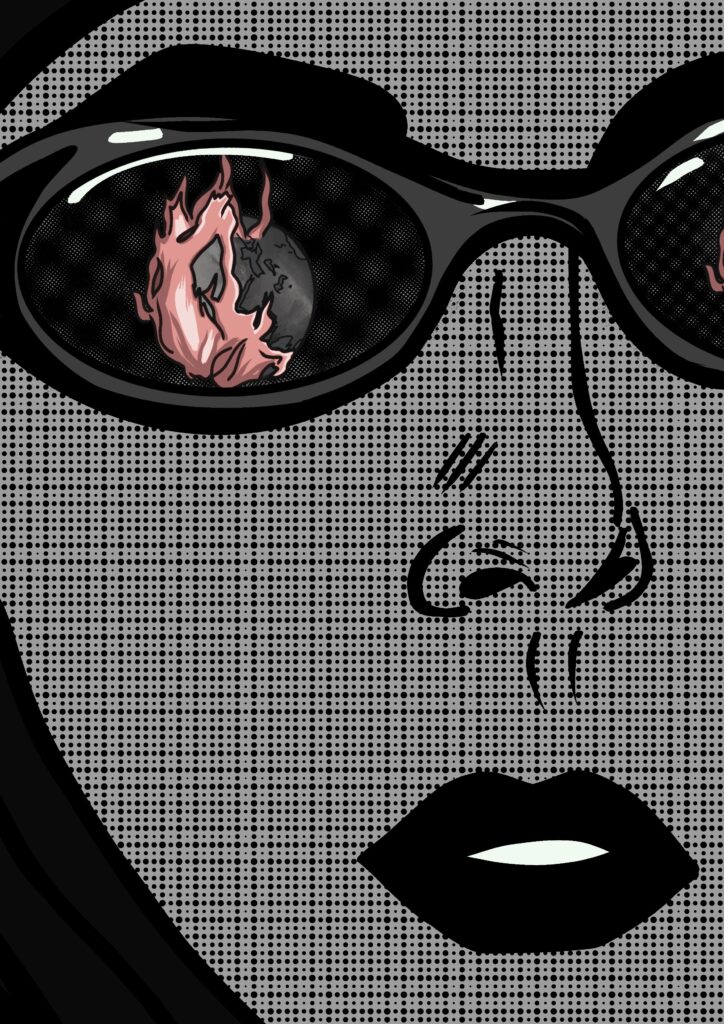 Pop art-style digital illustration in greyscale. A hijab woman stares out while a burning planet Earth is reflected in her fashionable sunglasses.
