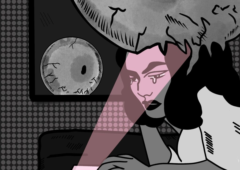Pop art-style digital illustration in greyscale. A crying woman stares into her phone while outside her window, an evil eye observes her.