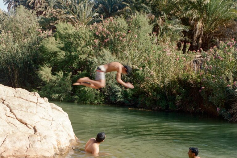 Three young boys jumping in and swimming around the water in an oasis.