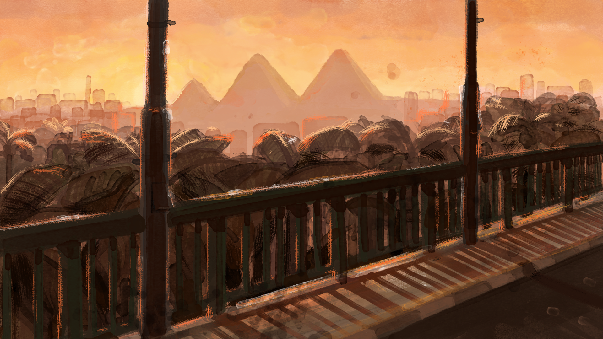 Illustrated view from a bridge in Cairo. It is summer and there are palm trees in the foreground and pyramids in the background.