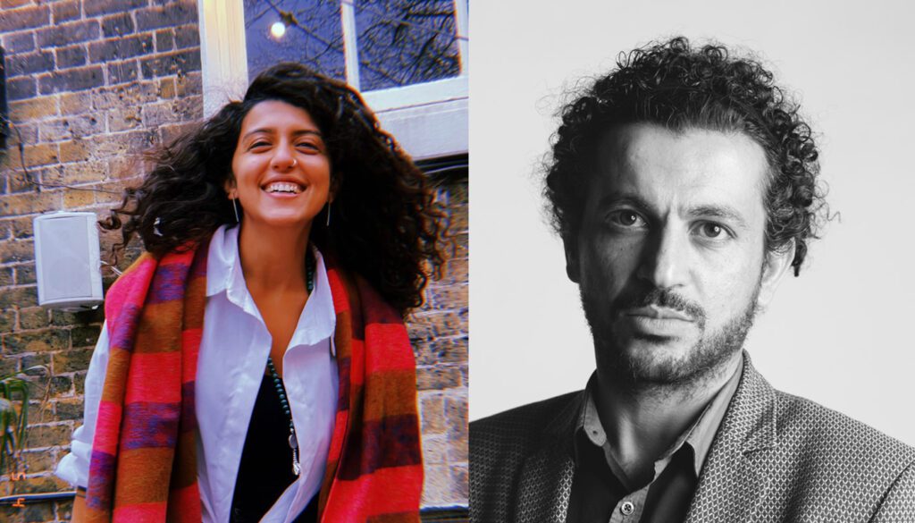 The left image shows Farah Chamma. She is a young woman with dark curly hair and is wearing a whit shirt with red scarf. The right image is of Ahmed Masoud. He is a man facing profile wearing a suit and tie. This half of the image is in black and white. 