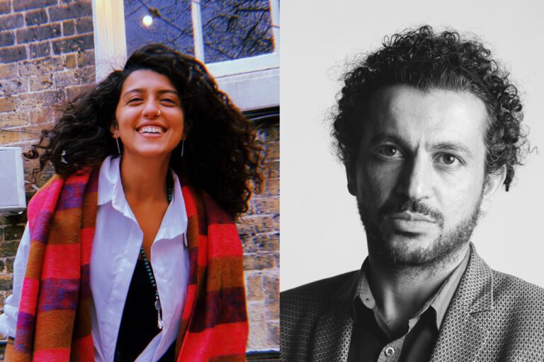 The left image shows Farah Chamma. She is a young woman with dark curly hair and is wearing a whit shirt with red scarf. The right image is of Ahmed Masoud. He is a man facing profile wearing a suit and tie. This half of the image is in black and white.